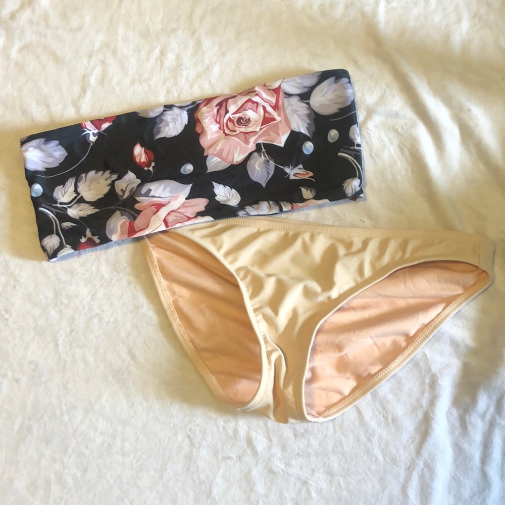 Bandeau floral bikini top with pale pink bottoms